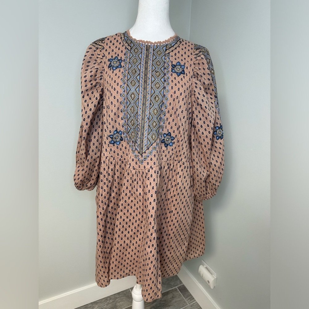 ANTHROPOLOGIE  Embroidered Cotton  Boho Mini Tunic Dress SZ 6 - Picture 3 of 17